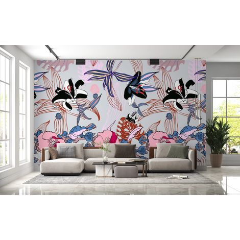 Papier peint nature - oiseaux et fleurs roses style estampe asiatique - 150 x 250 cm (1/2)
