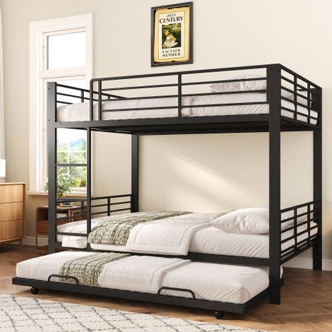 Letto a castello in metallo resistente 140x200 cm con letto estraibile, letto a castello con protezione anticaduta e scaletta per bambini e ragazzi, nero (1/5)