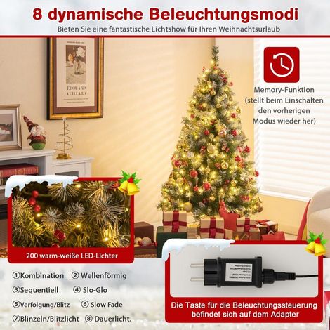 150 cm, 200 LED, 450 branches - sapin de Noël artificiel enneigé avec pommes de pin, baies rouges et 8 modes lumineux (1/5)