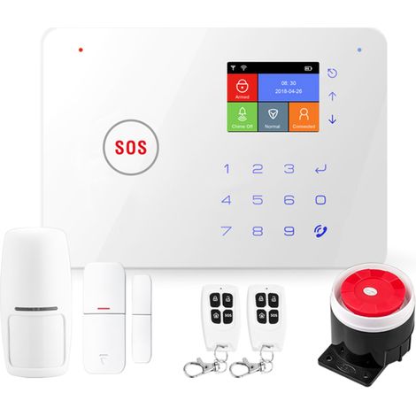 Système d'alarme maison GSM WiFi Kit sécurité sans fil avec sirène 120dB détecteurs de mouvement et ouverture porte fenêtre télécommande (1/4)