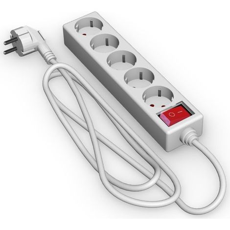 Multiprise 5 Voies avec Interrupteur, 1,5 m, câble 3G, 1,5 mm², Couleur Blanche, idéale pour connecter Plusieurs appareils électriques.