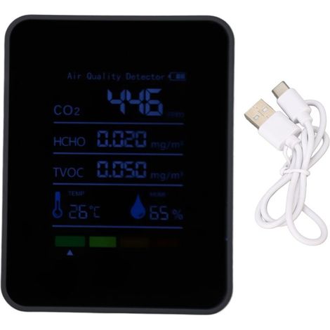 Jeffergarden Détecteur de CO2 portable alimenté par batterie, mesurant le CO2, le formaldéhyde, les composés organiques volatils totaux (COVT) et l'humidité. Moniteur de qualité de l'air cinq en un. (1/5)