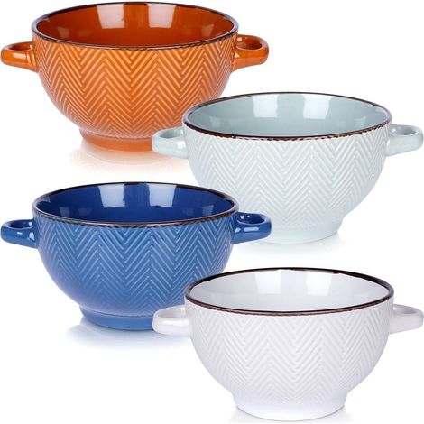 Quatre bols en ceramique colores avec poignees lavables au lave vaisselle et au micro ondes