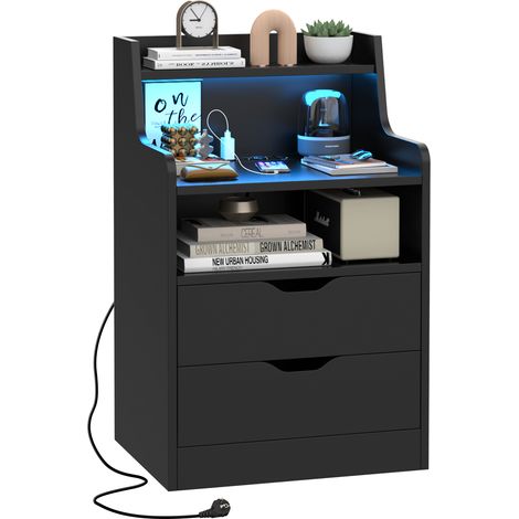 Table de chevet à LED noir brillant 45x35x73 cm bois ingénierie (1/5)