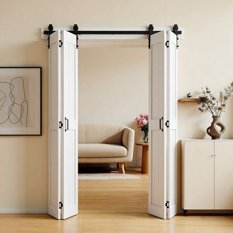 Porte Coulissante Intérieure 182,9x213,4 cm, Porte de Grange Pliante en MDF, pour Séparation de Pièce Chambre Salon Placard, Quincaillerie Incluse, Compact, Panneaux Pré-assemblés, Blanc (1/5)