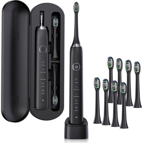 Brosse à Dent Électrique Soniques.Avec 8 Têtes de Brossage.5 Modes. Minuterie Intégrée de 2 Minutes.Rappel de 30 Secondes.Étui de Voyage Inclus.IPX7.Homme/Femme (Noir) (1/5)