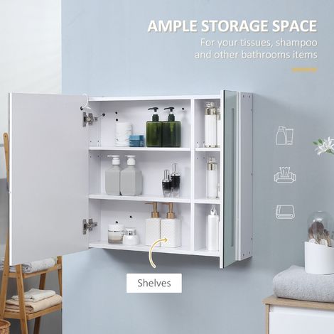 Armoire à pharmacie murale blanche avec éclairage LED, miroir et éclairage intégrés, 70 x 65 cm, étagère réglable, chargement USB. (1/5)