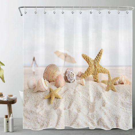 (180 X 180 Cm, Toile De Mer Et Conque Sable Blanc) Rideau De Douche Plage Tropicale Avec Crochets, Impermable Et Rsistant  La Moisissure En Polyes