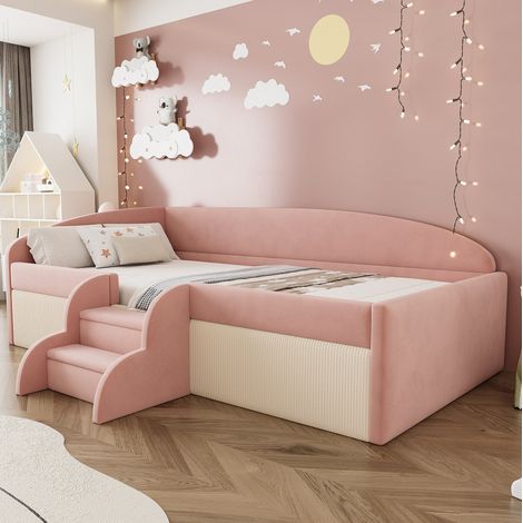 DESVIAE Lit enfant rembourré canapé lit 90 x 190 cm avec marches antidérapantes barrières de sécurité dossier en L sommier à lattes tissu velours doux rose et blanc pour chambre enfant (1/5)