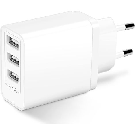 Prise USB Multiple, 15W 3-Port USB A Chargeur Secteur Adaptateur 5V 3.1A Universel Embout Mural Bloc Prise Chargeur Compatible avec Telephone (1-Pak) (1/5)