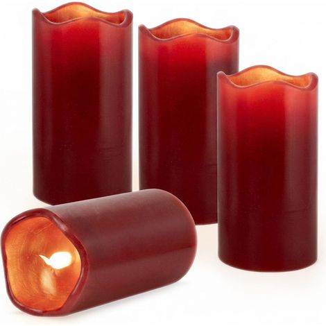 LED Kerze 4er Set rot mit Timer batteriebetrieben - 13 x 7 cm - Künstliche Wachs Stumpenkerze warmweiß mit Flacker Effekt für Innen