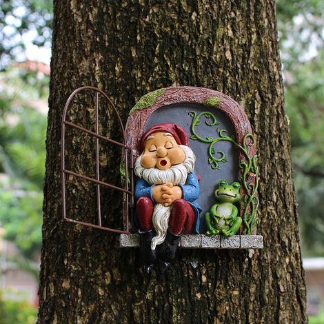 Miniatur-Gartenzwerg-Skulptur aus Kunstharz, Fensterdekoration, schlafender Zwerg, hochwertige Gartenskulptur aus Kunstharz, rustikales Accessoire. Modellgröße: 16,5 x 21 cm. (1/5)