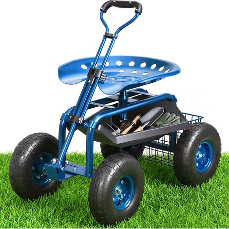 Siège de Jardin Roulant Pivotant à 360° Tabouret de Jardinage sur Roues Gonflables 25,4 cm Chariot avec Siège 760x450x960 mm Poignée Extensible Plateau à Outils pour Terrasse Cour Extérieur Bleu (1/5)