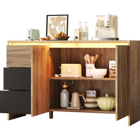Aparador con 2 Puertas, 3 Cajones y LED Multicolor, en Tablero de Partículas, Natural y Negro, 105×40×76 cm