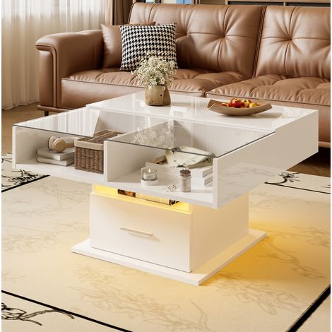 Table basse relevable 78x78x45,5/59,5 cm blanche avec LED, rangement, panneaux de particules MEUBLIV (1/5)