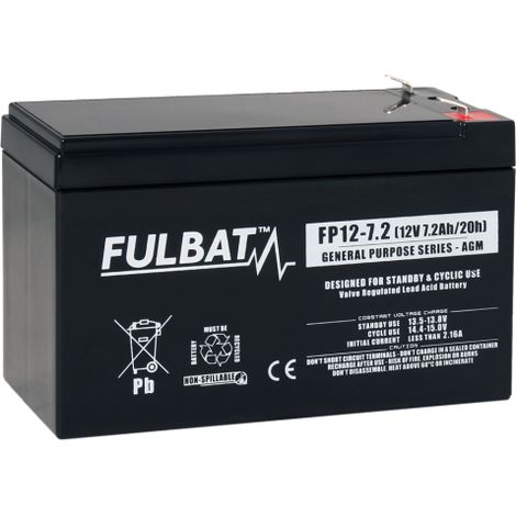 Batterie FULBAT AGM plomb EtancheFP12-7.2 (T1) 12 volts 7,2 Amps (1/2)