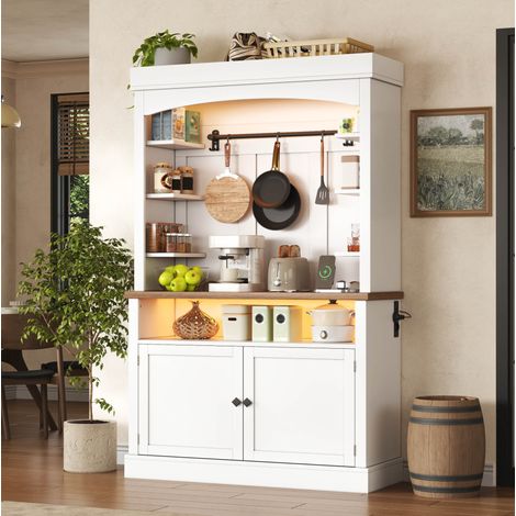 Buffet de cuisine haut blanc avec LED RGB, prise intégrée, 106 x 43 x 183 cm, MDF, REDOM (1/5)