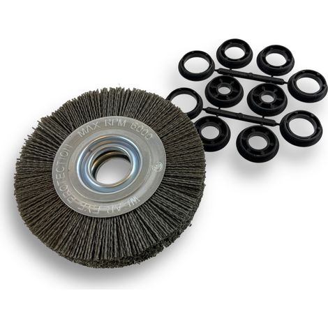 Brosse circulaire NYLON Abrasif  Ø 150 mm  Epaisseur 2 rangs  Carbure de silicium Grain 80  Alésage 32 mm + réducteur bague 25/22/20/16/12 mm  Touret meuleuse ponceuse  Kibros 235152KR80 (1/5)