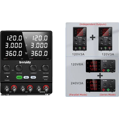 Fuente de alimentación de CC regulada, salida multicanal, voltaje y corriente ajustables, SPS1203-2KD 120V3A (1/2)
