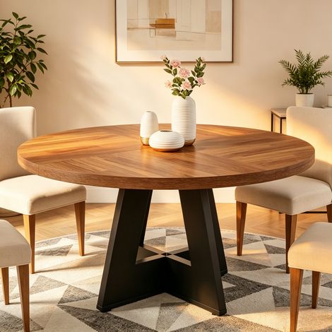 Table à manger ronde 120 x 120 x 75 cm -table en bois salle a manger 6 à 8 personnes - pour cuisine, salon, Marron et Noir