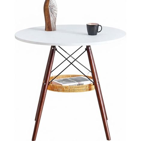 ELVMI Mesa de comedor redonda para 2 a 4 personas con cesta de almacenaje de MDF y madera maciza blanca nogal 80 cm (1/5)