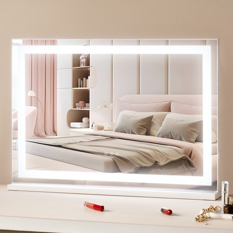 VEVOR Miroir de Maquillage Lumineux, 3 Modes Eclairage de Couleur, Grand Miroir Cosmetique Studio Lumiere LED, Miroir Grossissant 5X, Port USB, Controle Tactile Intelligent, avec Support, 797x547 mm