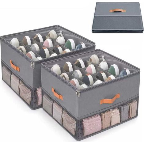 Organisateur Chaussures, Rangement Chaussure Pliable pour 16 Paires avec Compartiments et Couvercle, Boite Rangement Chaussures avec 2 Poignées Renforcées/Lot de 2 Gris (1/5)