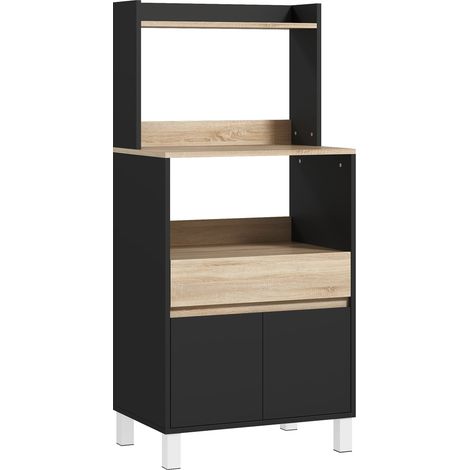 Meuble micro-ondes, buffet cuisine avec tiroir, placard et étagère haute, 60 x 40 x 131 cm, chêne et noir. (1/5)