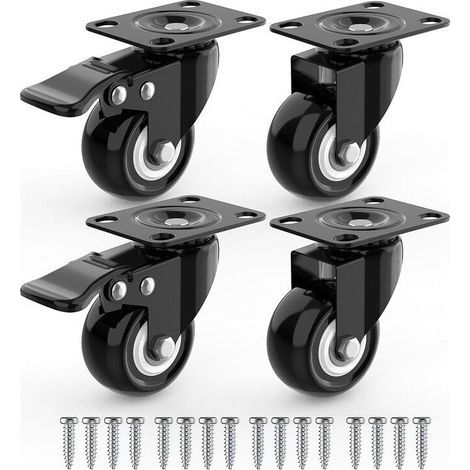4 roulettes pivotantes pour meubles, dont 2 avec freins et vis - 50 mm, jusqu'à 100 kg - Roulettes non marquantes pour charges lourdes - Roues en caoutchouc pour chariots - Noir (1/5)