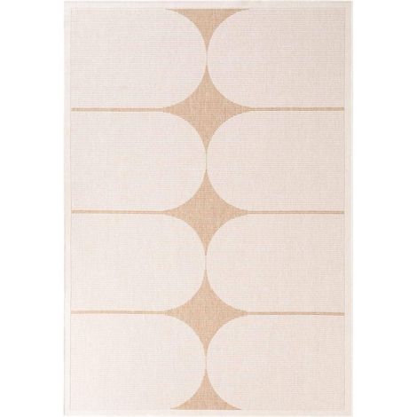 Tapis exterieur 200 x 290 cm géométrique, beige, marron, kilim plate tissée, idéal pour terrasse et jardin, design authentique et résistant