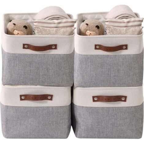 paniers de rangement pliables en tissu cationique robuste et pliable avec poignées pour étagère pour chambre d'enfant ou penderie (Gris et blanc, Large - 4 Pack)-Karteo (1/5)