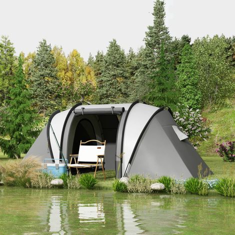 Tente camping familiale 4 5 personnes 2 chambres 3 fenêtres sac transport étanche 450x220x180 cm