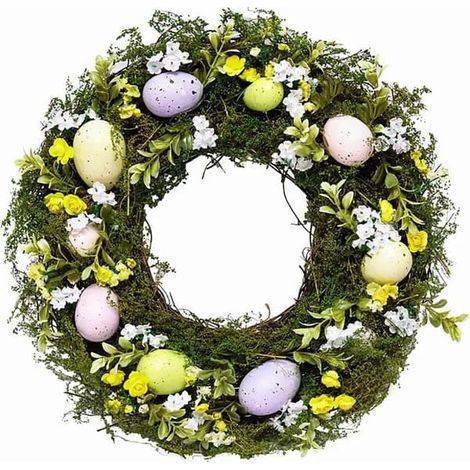 décorations de PâquesCouronne de Pâques ronde, rotin naturel, fleurs et œufs artificiels, multicolore, 36 x 36 x 7 cm (1/5)