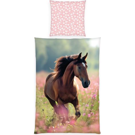 Parure de Lit Chevaux, Young Collection, Taie d'Oreiller env. 80 x 80 cm, Housse de Couette env. 135 x 200 cm, Avec Fermeture éclair, 100% Coton/renforcé (1/5)
