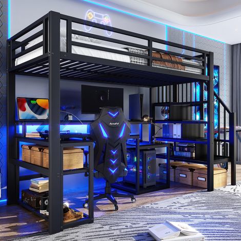 Lit mezzanine 90x200cm, structure en fer, compartiment de rangement, escalier avec espace de rangement, rambarde de sécurité, éclairage LED intégré, bureau avec port USB, matelas non inclus, noir, ...