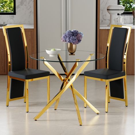 Set tavolo da pranzo con 2 sedie 88x88x75 cm, vetro temperato, bordi arrotondati, metallo, PU nero oro trasparente (1/5)