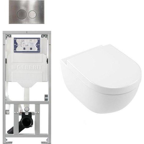 Villeroy Boch Subway 2.0 DirectFlush Ensemble WC - softclose - réservoir Geberit - plaque de commande QeramiQ boutons ronds - aspect inox blanc (1/5)