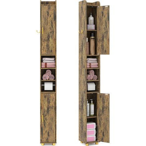 Armadietto da bagno stretto organizzatore stretto con 2 ante e ripiani regolabili, Armadietto da bagno alto Marrone (1/4)