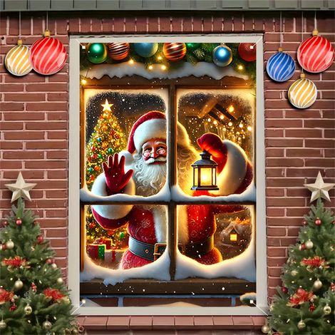Bannière décorative de rideau de Noël 80 x 120 cm, décoration de porte et de fenêtre du Père Noël, panneau de maison (1/5)