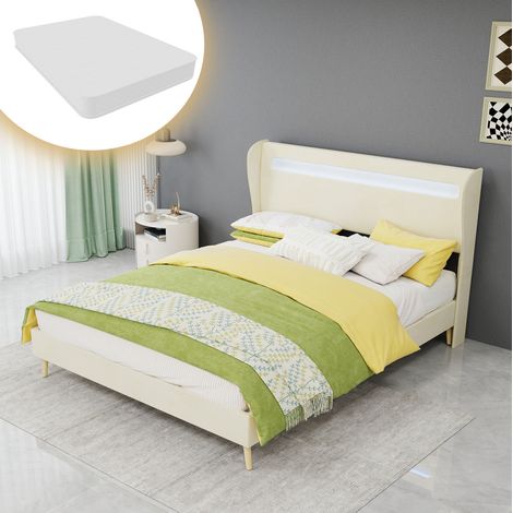 Cama tapizada 140x200 cm de tejido y metal beige con LED, con colchón – MEUBLIV (1/5)