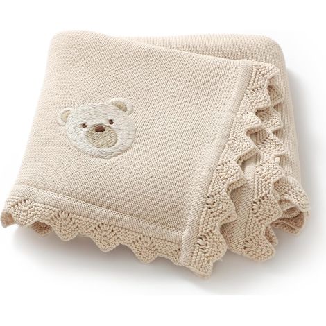 Copertina per neonati in cotone a nido d'ape, morbidamente lavorata a maglia, adatta a neonati, maschietti e femminucce, con adorabile disegno di orsetto ricamato. (1/5)
