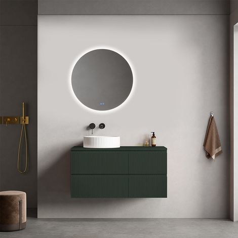 Mobile bagno sospeso cannettato reversibile  100 cm Verde Comodoro  per Lavabo d'appoggio Specchio Tondo Retroilluminato - Fiji Paint Top Canneté