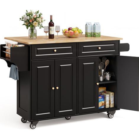 Carrito de Cocina con Ruedas Bealife Isla de Portátil con Encimera Plegable 2 Cajones 2 Estantes 4 Puertas Negro 145 x 75 x90 cm