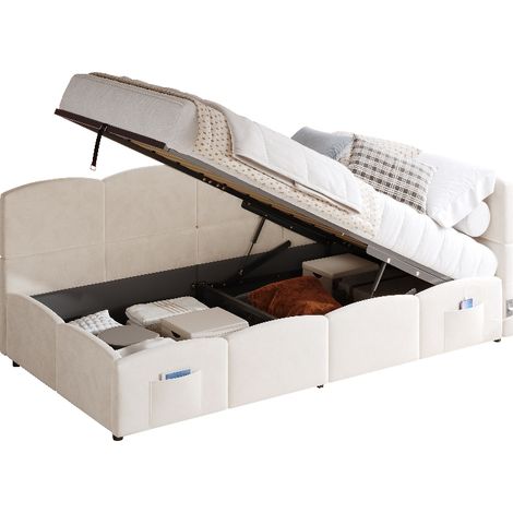 Polsterbett 90x200 cm mit hydraulischem Stauraum und USB-Anschluss, Schlafsofa aus Samt in Beige, Einzelbett inkl. Lattenrost und Stautasche (1/5)