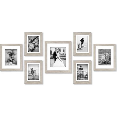 Lot de 7 Cadres Photos - Cadre Photo Multiple avec Un 28x36 cm, Deux 20x25 cm et Quatre 13x18 cm - Décoration Murale et Collages avec Verre Résistant aux Chocs - Bois Flotté (1/5)