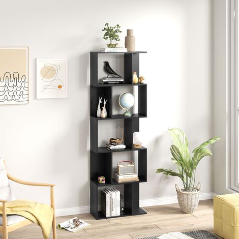 5-stufiges, unterteiltes Bücherregal, platzsparendes S-förmiges Holzregal, Trennwandregal für Wohnzimmer, Schlafzimmer und Büro, 60 x 24 x 184,5 cm, Schwarz