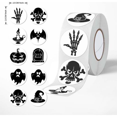 Lot de 2 rouleaux d'autocollants ronds pour Halloween, motif crâne créatif, graffiti, décoration de vacances (1/4)