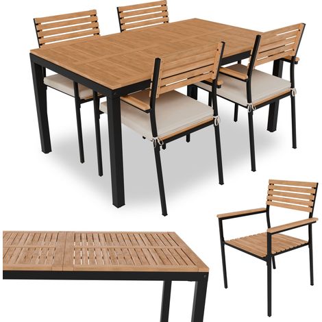 Juskys – Ensemble table et chaises de jardin en acacia – 4 places – Structure en acier noir – Coussins amovibles et lavables – Mobilier extérieur moderne