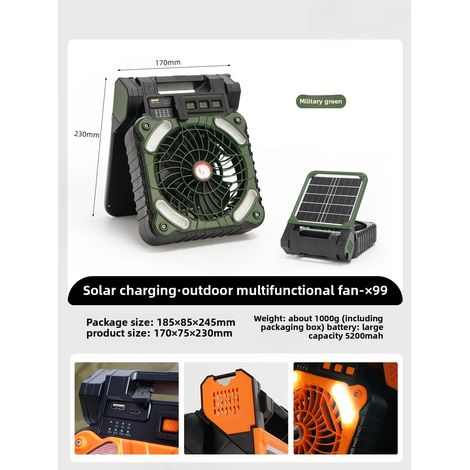 Ventilateur de camping solaire (vert) avec lumière LED et batterie rechargeable, écologique (1/5)