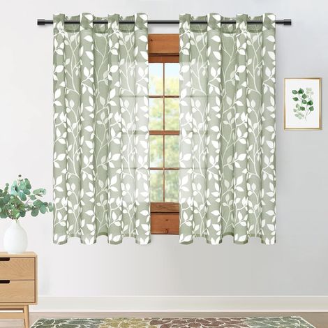 Rideau Voilage Court Transparent 140x145 CM pour Cuisine Fenetre Chambre, Rideaux Gris-Vert et Draperies Intérieurs Rideau Salon en Voile à Oeillets Motif Imprimé Feuilles, 2 Pièces (1/5)